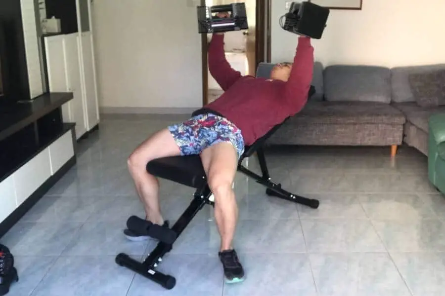 Flybird bench and powerblocks to build muscle at home.