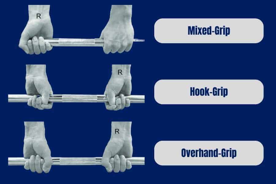 Types of deadlift grip include mixed, overhand, and hook.