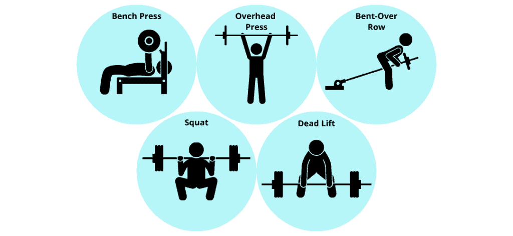 the 5 core lifts are bench press, overhead press, bent over row, squat, and dead lift. All are good ways to lift weights to lose fat