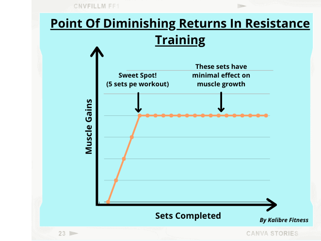 after 5 sets per workout there is a point of diminishing muscle gain returns