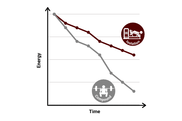 line chart showing compound exercises fatigue muscles faster than isolation exercises