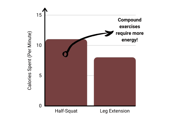 bar chart showing that compound exercises require more energy than isolation exercises
