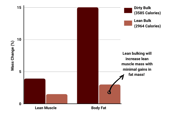 Bar chart shows reduced fat gain from lean bulking compared to dirty bulking, and is better for keeping the abs defined.