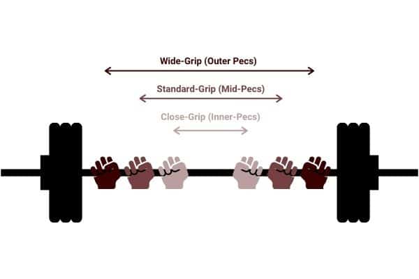 diagram showing different bench press grips target different chest regions
