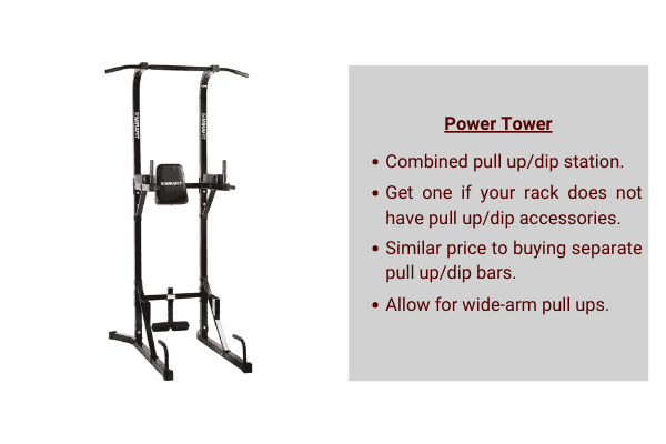 diagram to show the requirement for a power tower if pull up and dip function is not present on rack