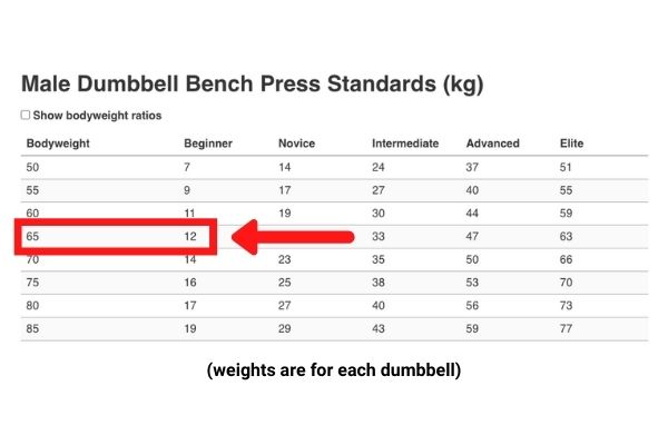 beginners strength standard for a dumbbell bench press