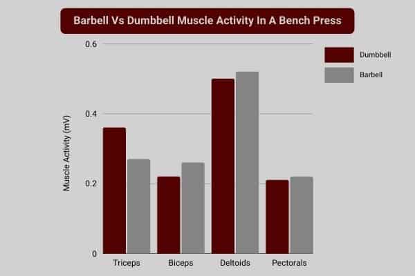 bar chart comparing dumbbell and barbell muscle activation in a bench press