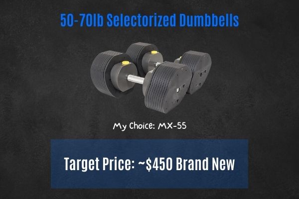 A good price for 50-70 pound selectorized dumbbells is $450.