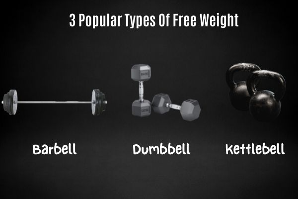 Different types of free weight include dumbbells, barbells, and kettlebells