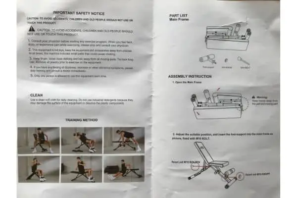 Flybird FB149 adjustable weight bench instruction manual back.
