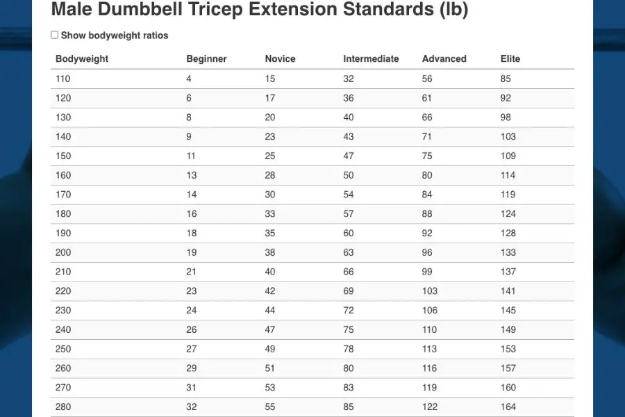 Overhead dumbbell tricep extension strength standards.