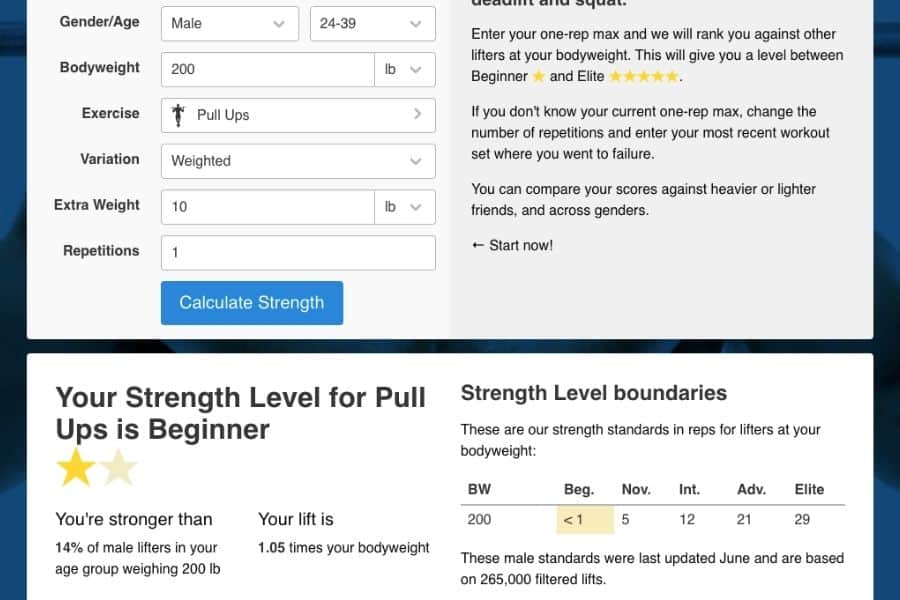 Weighted pull up body weight standards.