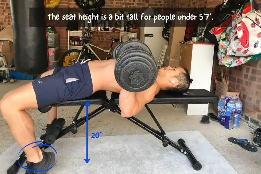 Flybird bench seat can be too high for short people to dumbbell bench press.