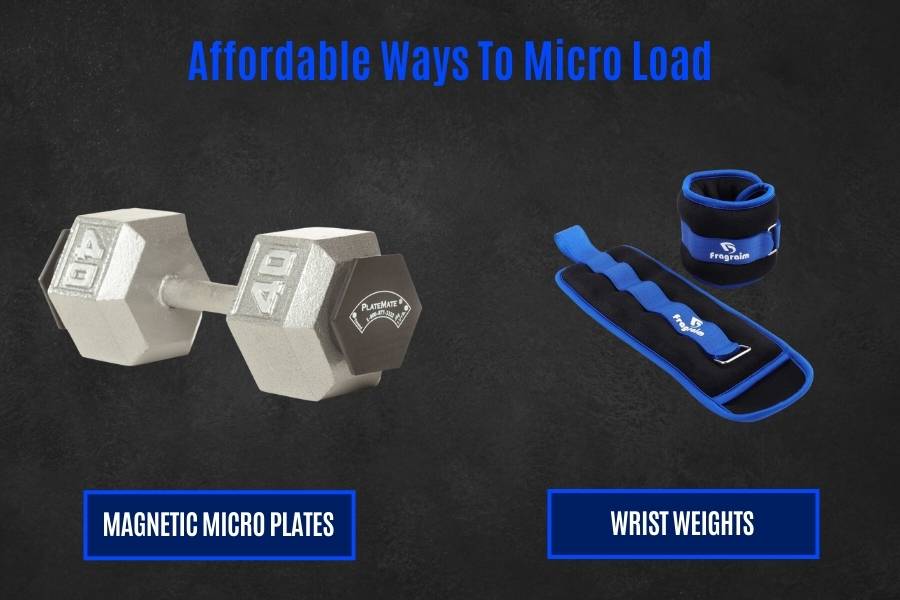 Micro load with micro plates and wrist weights to make existing dumbbells heavier.