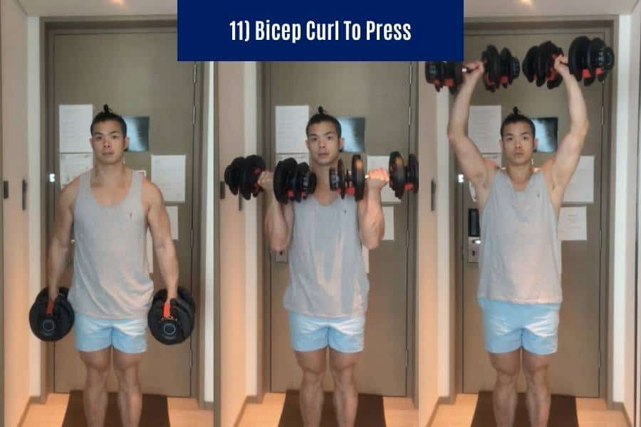 How to do the bicep curl to press for beginners to burn fat, lose weight, and tone arms.