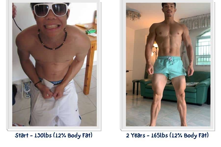 My muscle gain transformation took me from 130lbs to 165lbs in 2 years.