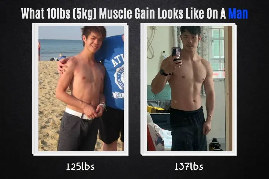 What 10 pounds (5kg) of muscle gain looks like on a man before and after.