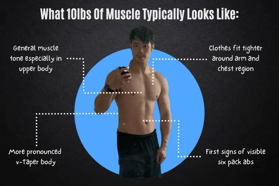 What 10lbs/5kg of muscle typically looks like for the average skinny beginner.