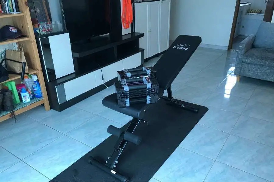 Dumbbell and bench home gym with the Powerblock Elites and Flybird bench.