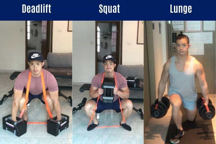 Squat, deadlift, and lunge are great dumbbell lower body exercises for skinny people to build leg muscle.