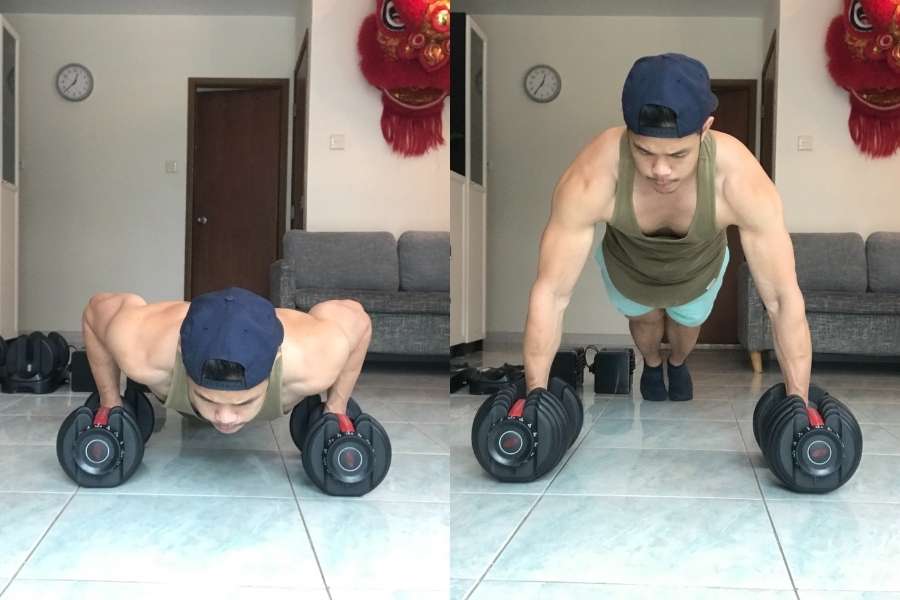 Testing the Bowflex adjustable dumbbell on the flat push-up.