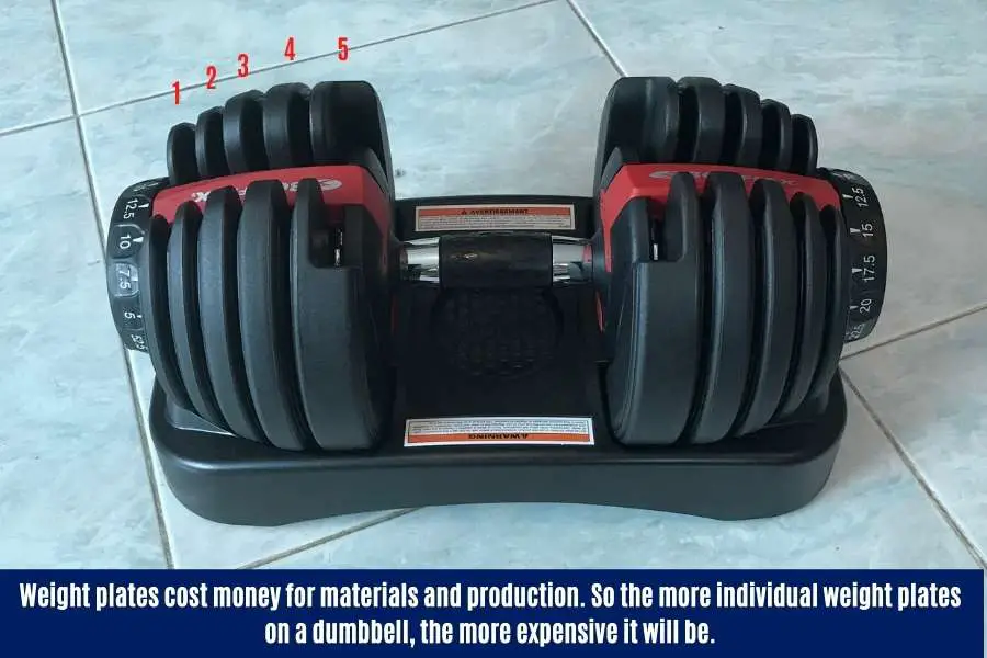 How increasing the number of weight plates on an adjustable dumbbell can increase it's price.
