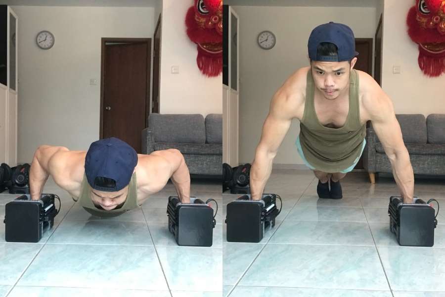 Testing the Powerblock adjustable dumbbells on the traditional flat push up.