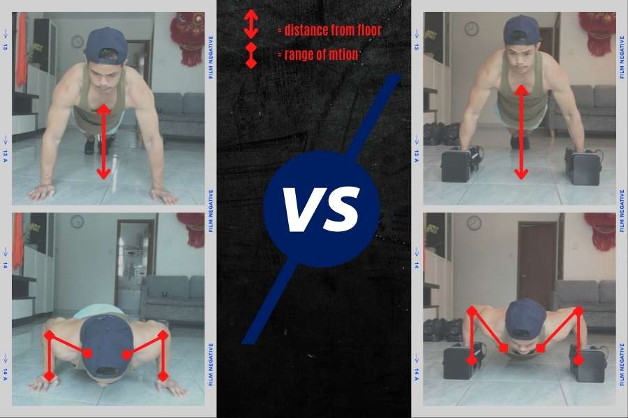 Main difference between regular and dumbbell pushups is in the range of motion and distance from floor.