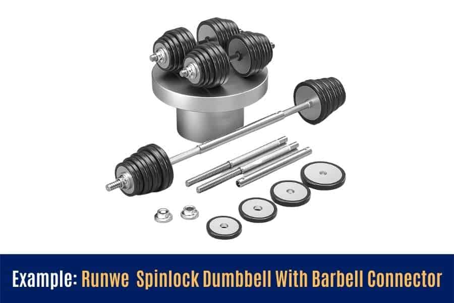 Example of a spinlock adjustable dumbbell with barbell connector.