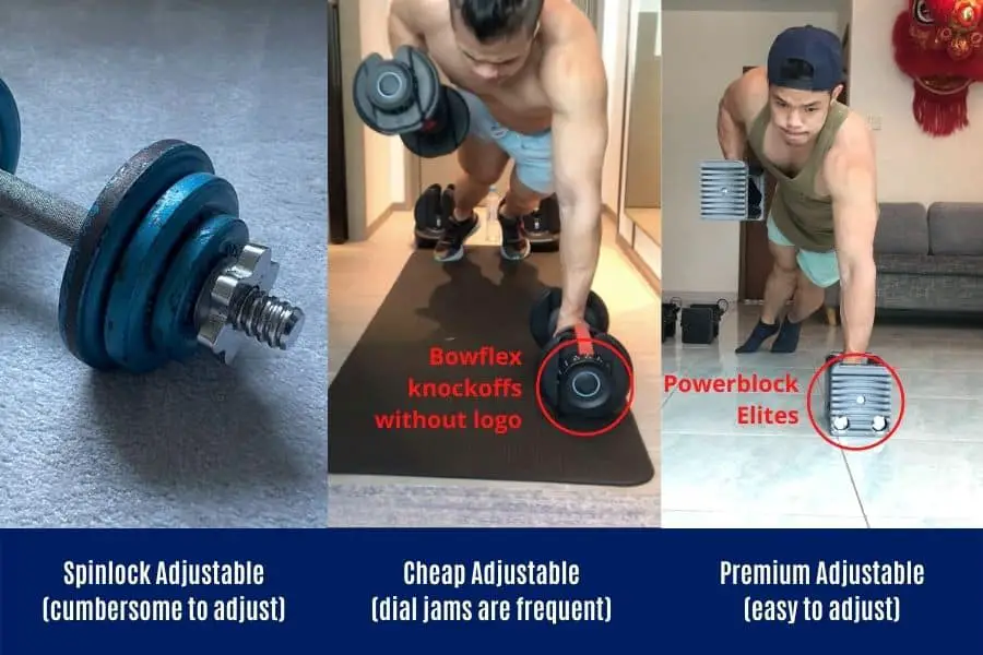 Bad adjustable dumbbells have mechanisms that are hard to use.