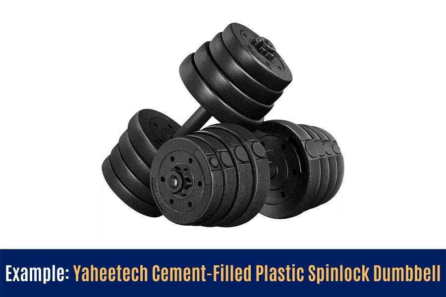 Yaheetech is an example of a plastic cement filled type of spinlock adjustable  dumbbell.