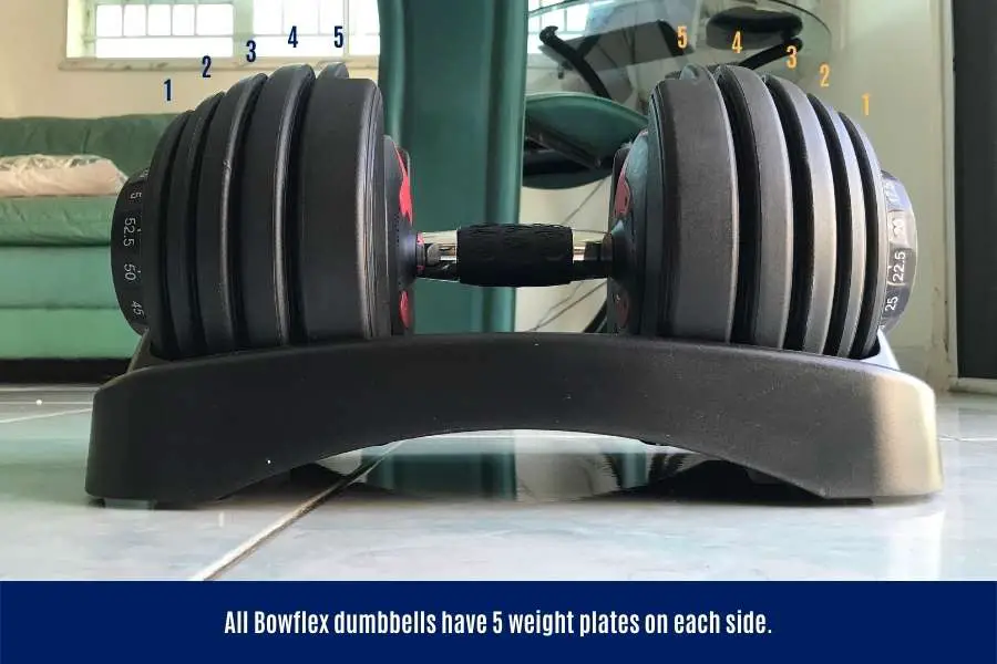 All Bowflex SelectTech dumbbells, including the 552 and 1090, have 5 weight plates on each side.