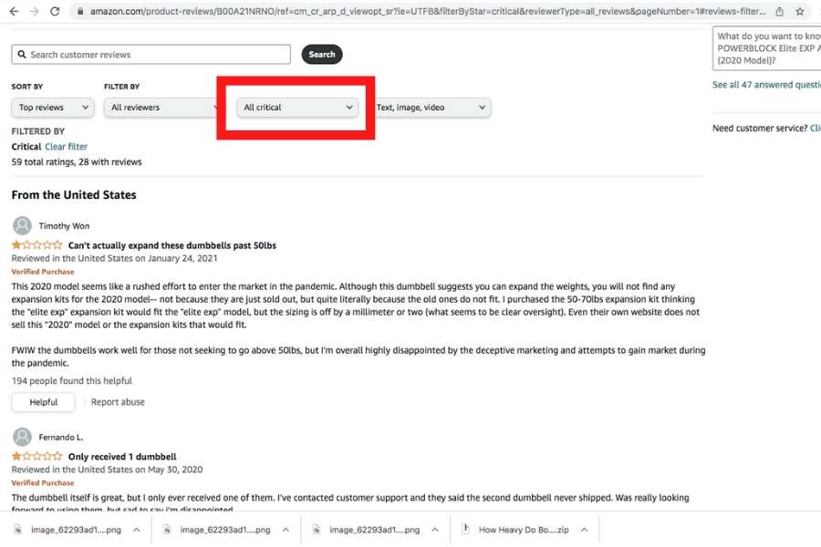 Amazon negative reviews for the PowerBlock Elites.