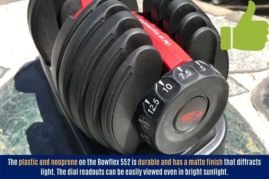 The plastic and neoprene on the Bowflex 552 has a matte finish and can withstand the sun.