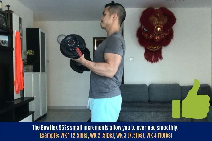 Bowflex adjustable dumbbells feature small weight increments that are ideal for building muscle through progressive overload.