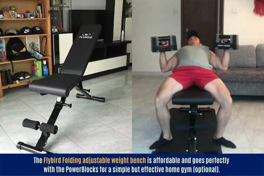 I combined the PowerBlock Elite dumbbell with the Flybird bench for this workout.