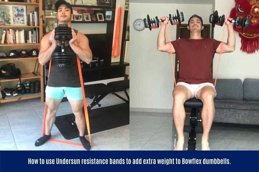 How to add extra weight to Bowflex dumbbells using resistance bands.