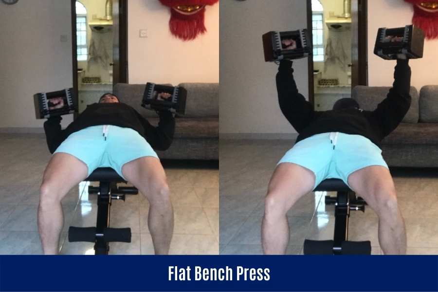 How to do the flat bench press using PowerBlock dumbbells in a chest workout.
