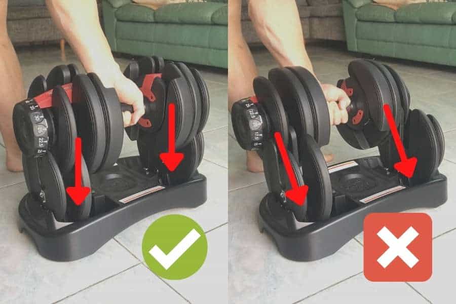 How to insert the Bowfex dumbbells onto the base correctly.
