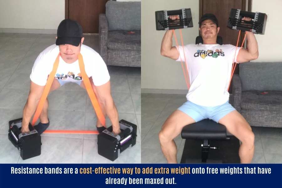 Resistance bands cost around $25 to $70 but this is a cheap way to add extra weight to dumbbells.