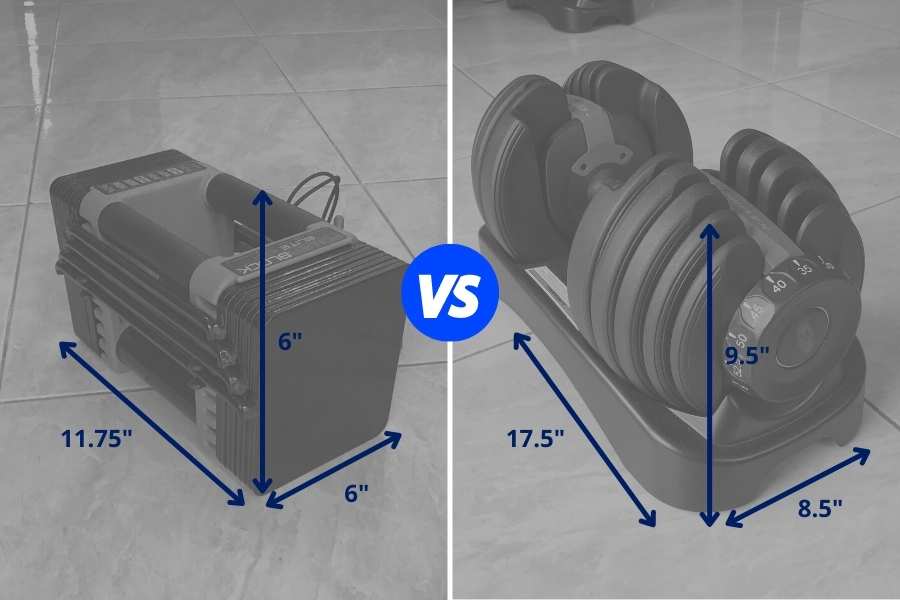 PowerBlocks vs Bowflex dimensions and space-savings comparison.