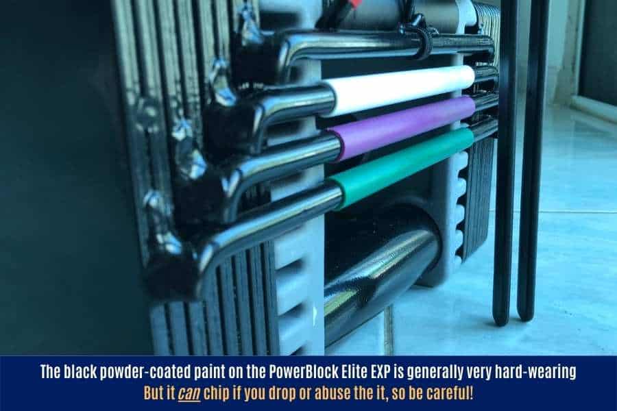 Black powder-coated paint on the PowerBlock elites are generally durable.