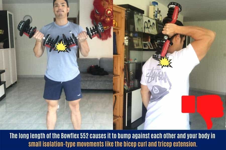Why the Bowflex 552 adjustable dumbbells are too long and bulky.