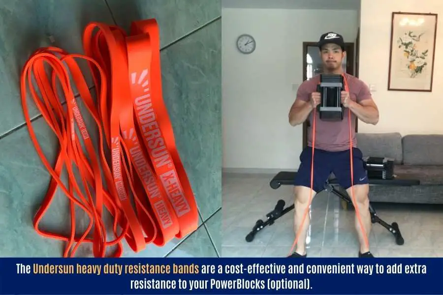 You can use resistance bands to add weight to a PowerBlock dumbbell during a leg workout.