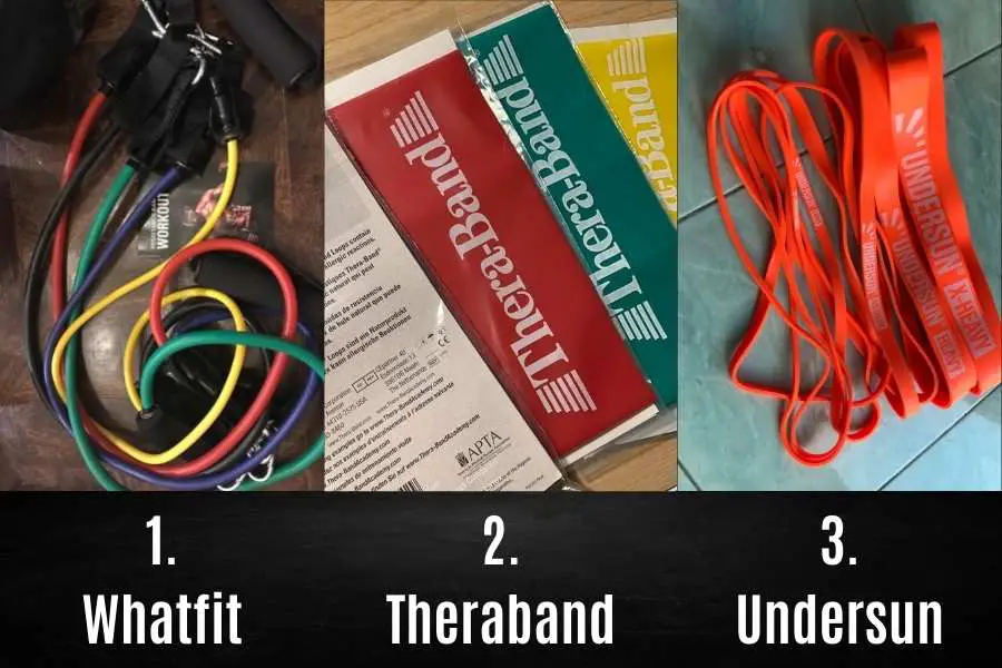 3 examples of different color codes used by resistance bands.