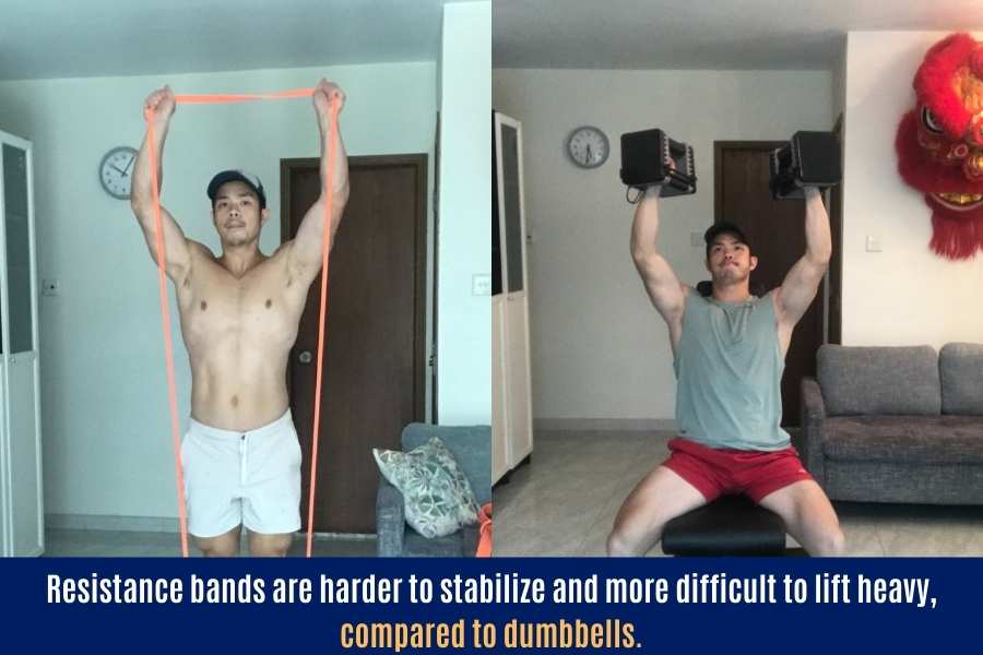 Bands are harder to use compared to dumbbells.