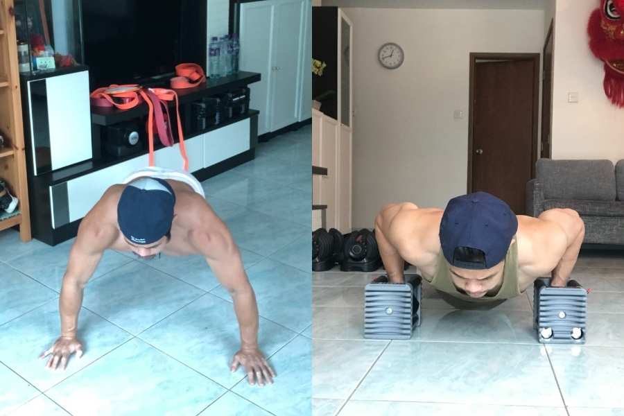Bodyweight and dumbbell push up for skinny guys to build muscle at home without the gym.
