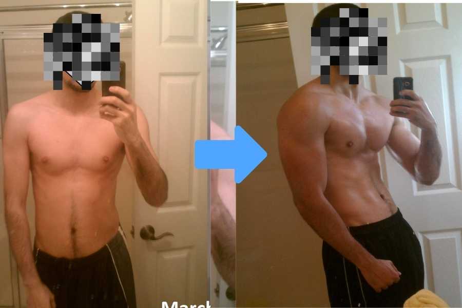 Example 3 of a skinny person who built visible muscle mass just in half a year.