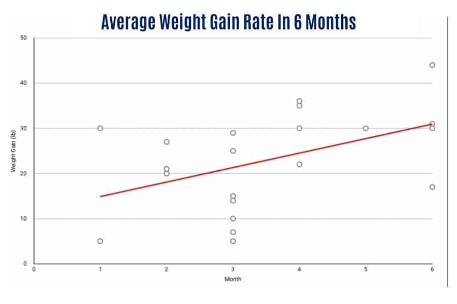 Average rate of monthly weight gain for a skinny beginner.