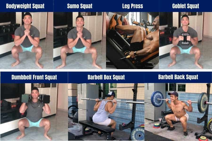 Best squat variations with body weight, dumbbells, and dumbbells.